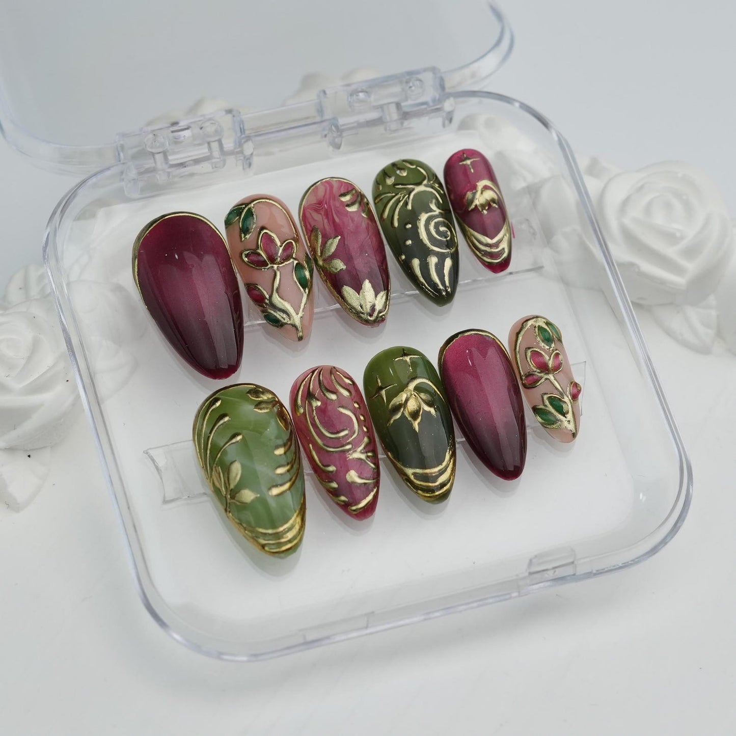 Vintage Botanical Burgundy Press-On Nails – Luxury Floral Gold Embossed Nail Art Set