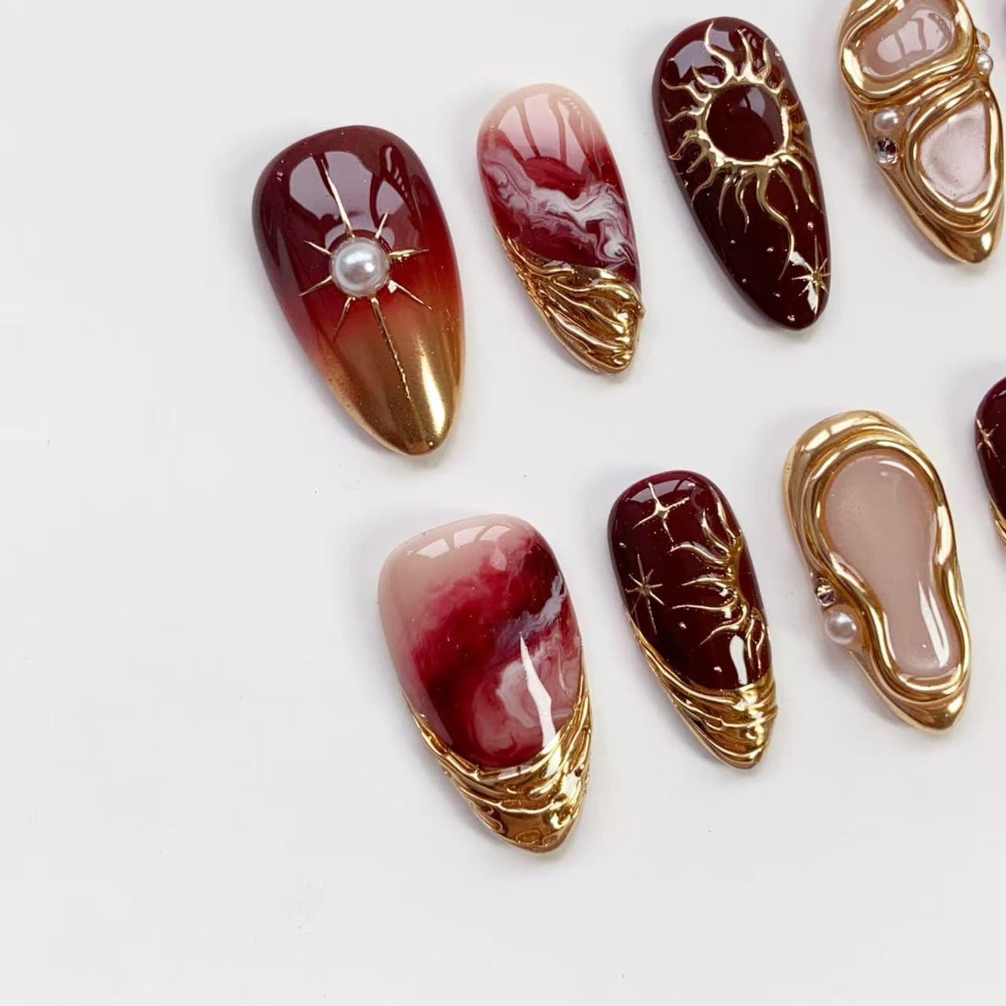 Celestial Burgundy & Gold Press-On Nails – Luxury Sun, Moon & Star Nail Art Set
