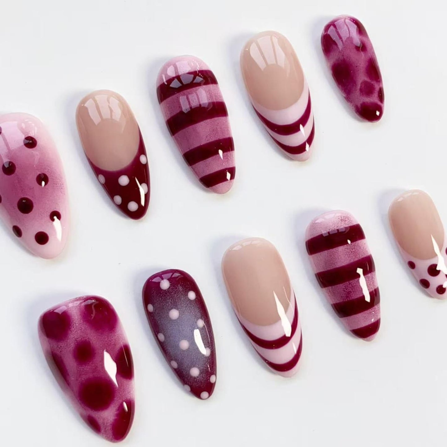 Burgundy Candy Swirl Press-On Nails | Glossy Polka Dot & Stripe Nail Art Set | Trendy Y2K Handmade Nails