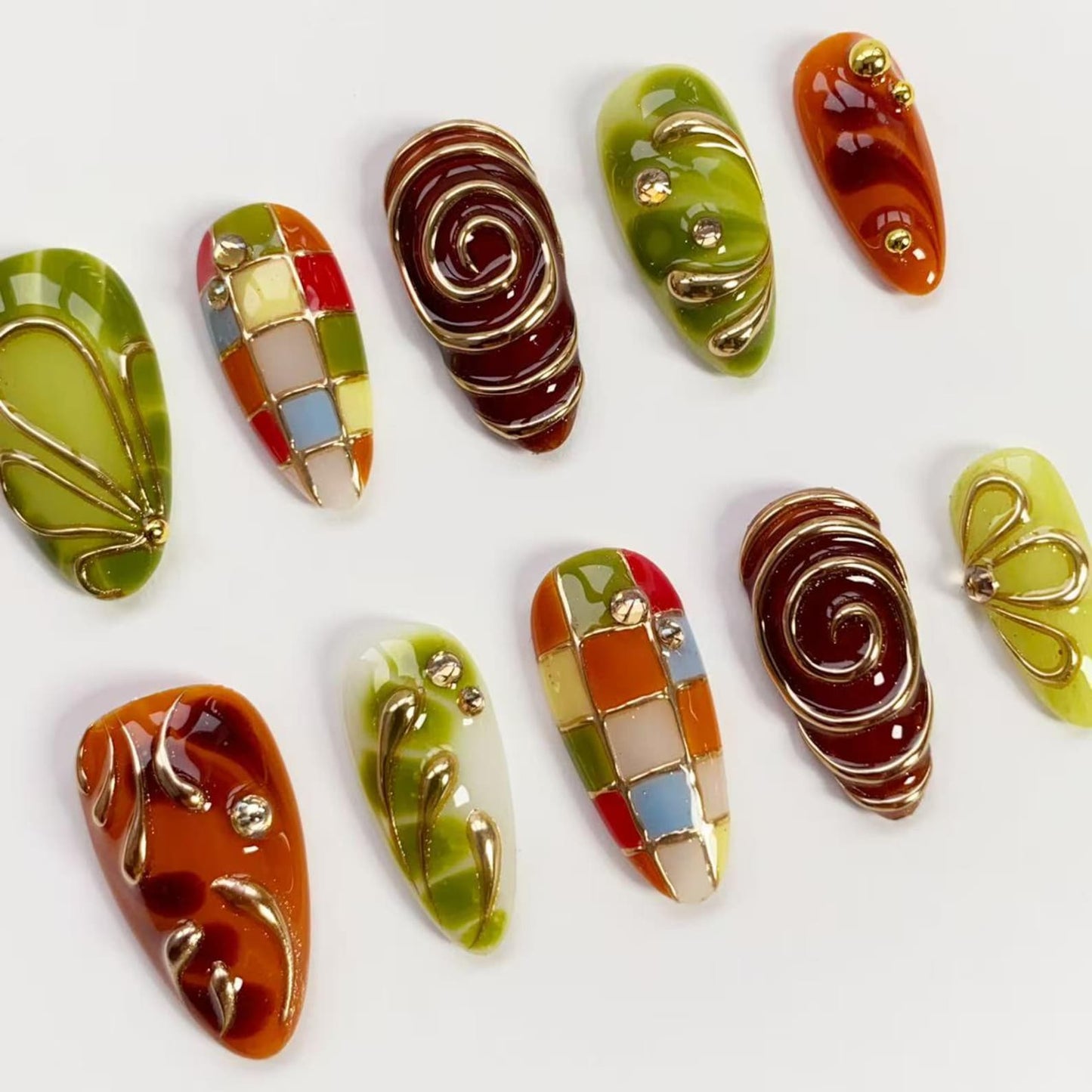 Retro Mosaic & Swirl Press-On Nails – Handmade 3D Abstract Art Almond Nails with Gold Chrome Accents