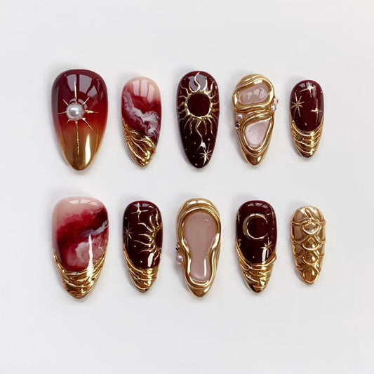 Celestial Burgundy & Gold Press-On Nails – Luxury Sun, Moon & Star Nail Art Set