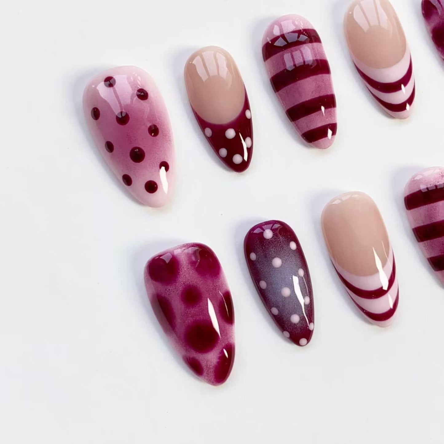 Burgundy Candy Swirl Press-On Nails | Glossy Polka Dot & Stripe Nail Art Set | Trendy Y2K Handmade Nails