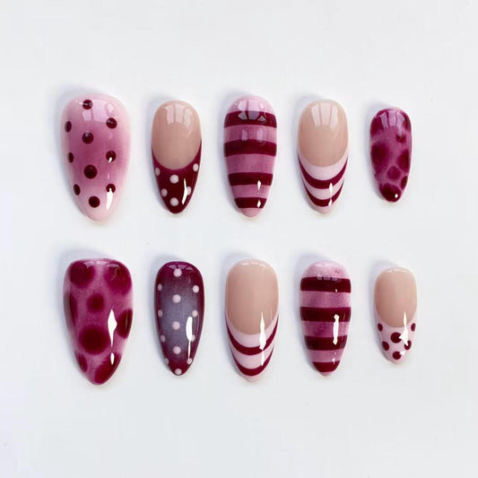 Burgundy Candy Swirl Press-On Nails | Glossy Polka Dot & Stripe Nail Art Set | Trendy Y2K Handmade Nails