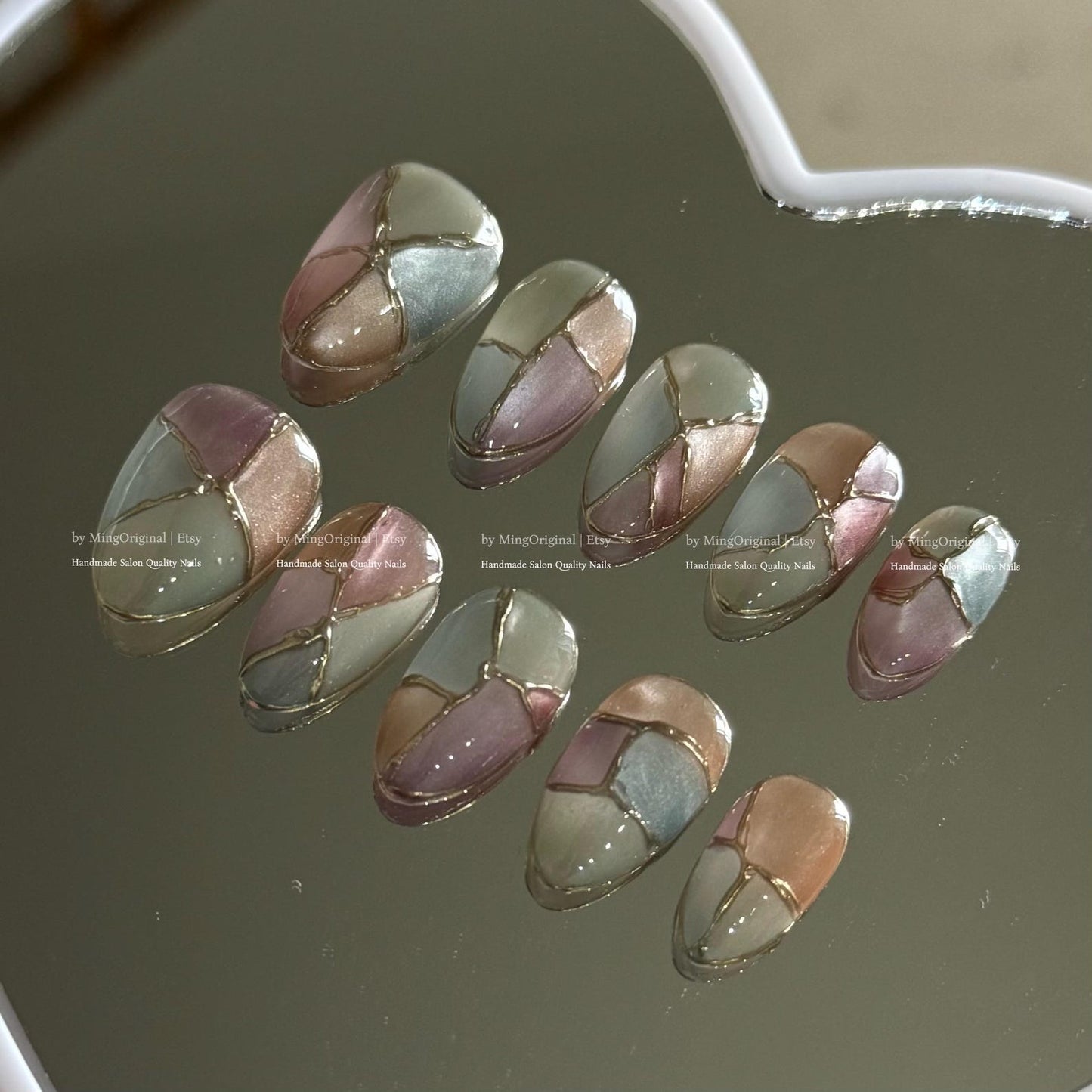 Muted Mosaic Glass Press-On Nails – Elegant Pastel Chrome Nail Art Set