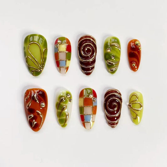 Retro Mosaic & Swirl Press-On Nails – Handmade 3D Abstract Art Almond Nails with Gold Chrome Accents