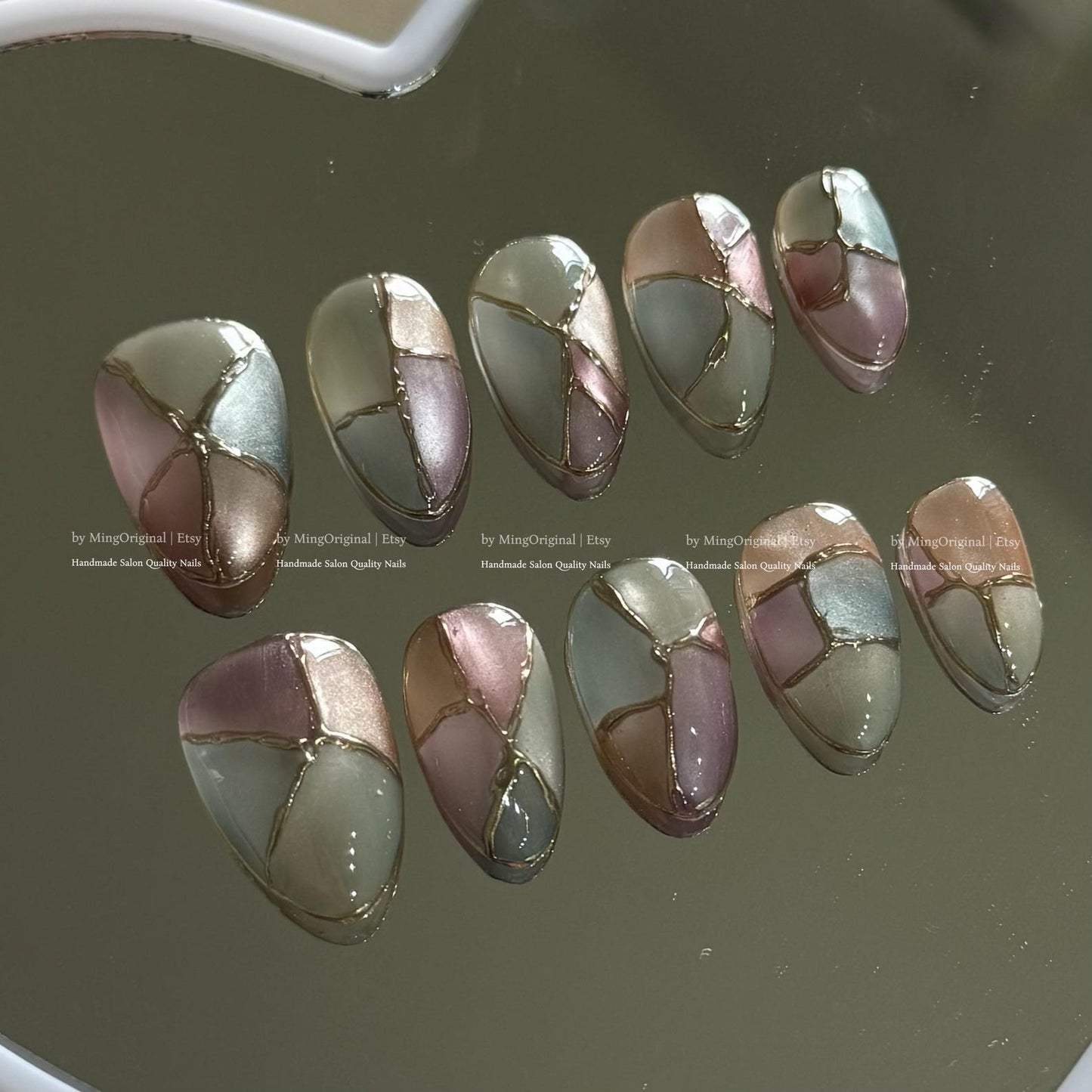 Muted Mosaic Glass Press-On Nails – Elegant Pastel Chrome Nail Art Set