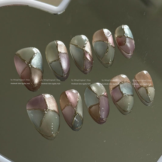 Muted Mosaic Glass Press-On Nails – Elegant Pastel Chrome Nail Art Set
