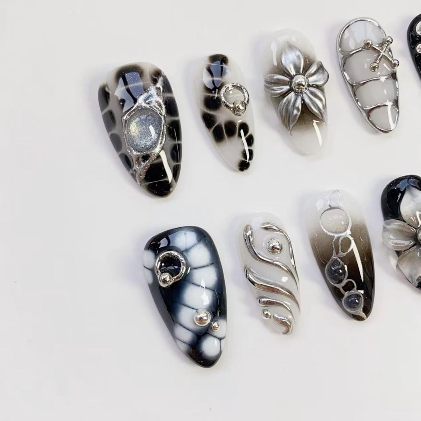 Midnight Chrome Press-On Nails – Handmade Black & Silver 3D Floral Nail Set | Gothic Luxury Nail Art