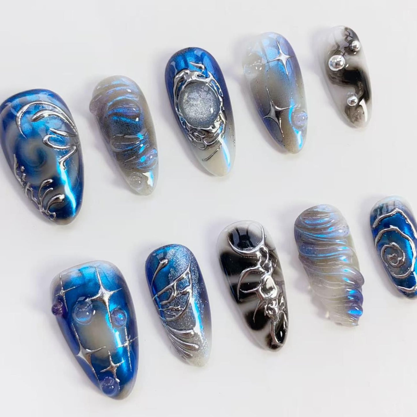 Galaxy Ocean Chrome Press-On Nails | Blue Silver Aura Nail Art Set | Futuristic Metallic Handmade Nails