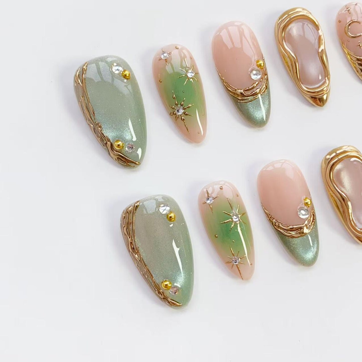 Celestial Sage Green & Gold 3D Press-On Nails – Luxury Starburst Nail Set