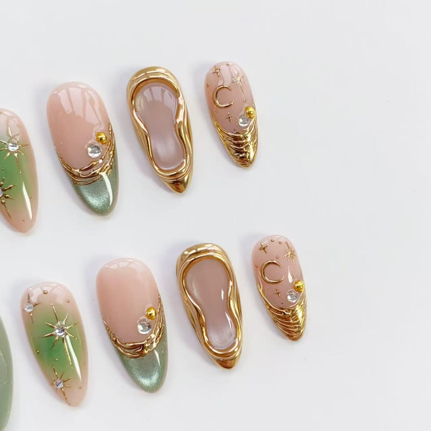 Celestial Sage Green & Gold 3D Press-On Nails – Luxury Starburst Nail Set
