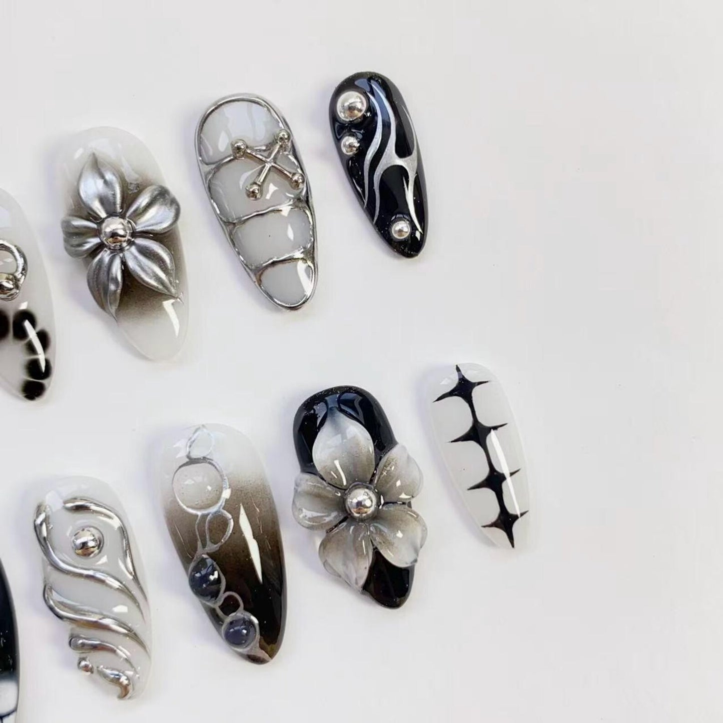 Midnight Chrome Press-On Nails – Handmade Black & Silver 3D Floral Nail Set | Gothic Luxury Nail Art