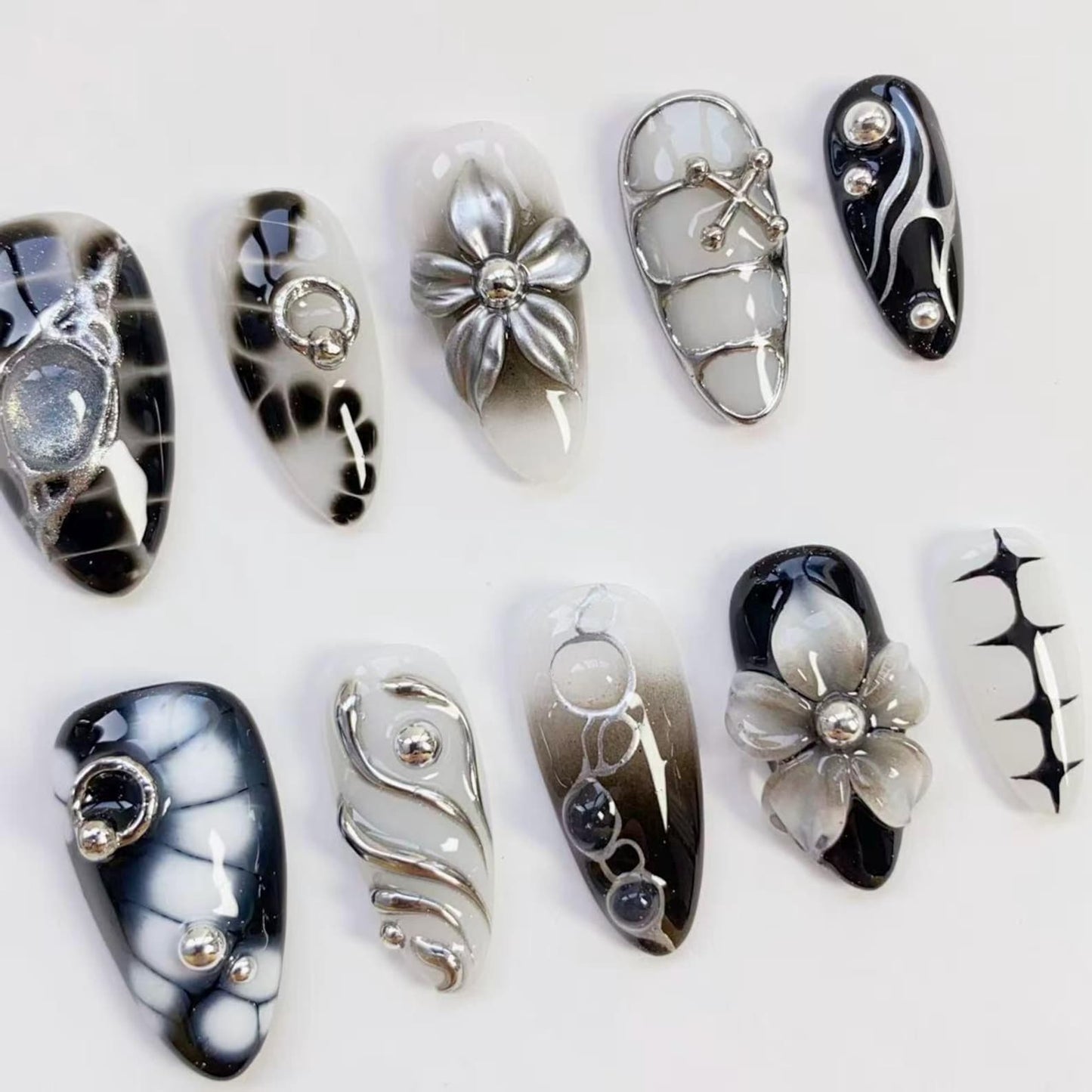 Midnight Chrome Press-On Nails – Handmade Black & Silver 3D Floral Nail Set | Gothic Luxury Nail Art