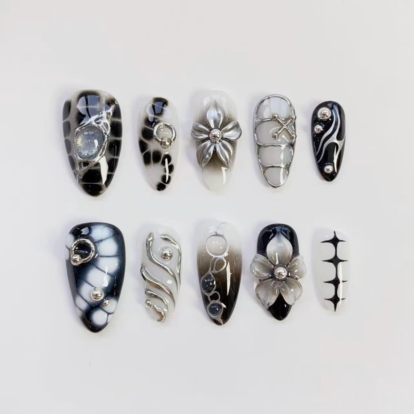 Midnight Chrome Press-On Nails – Handmade Black & Silver 3D Floral Nail Set | Gothic Luxury Nail Art