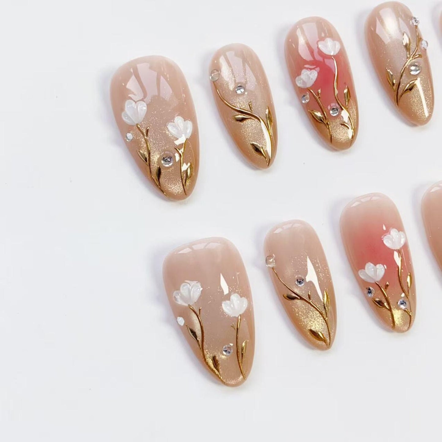 Golden Blossom Press-On Nails – Elegant White Floral Nude Nail Art Set