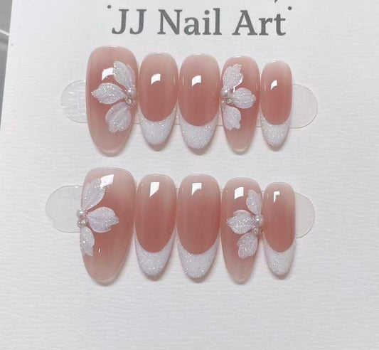 Bridal Blossom French Tip Press-On Nails – Handmade White Glitter Flower Wedding Nail Set