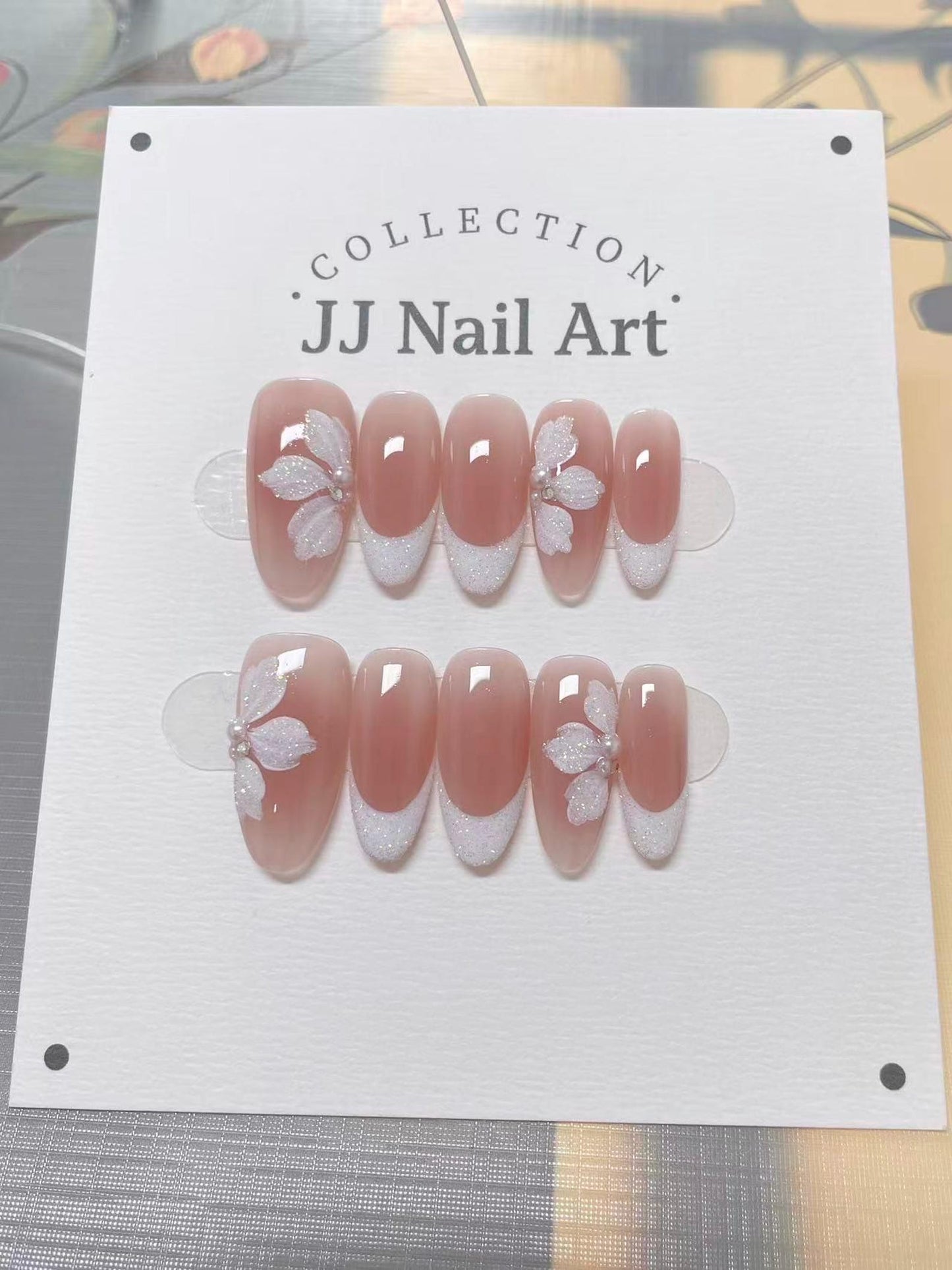 Bridal Blossom French Tip Press-On Nails – Handmade White Glitter Flower Wedding Nail Set