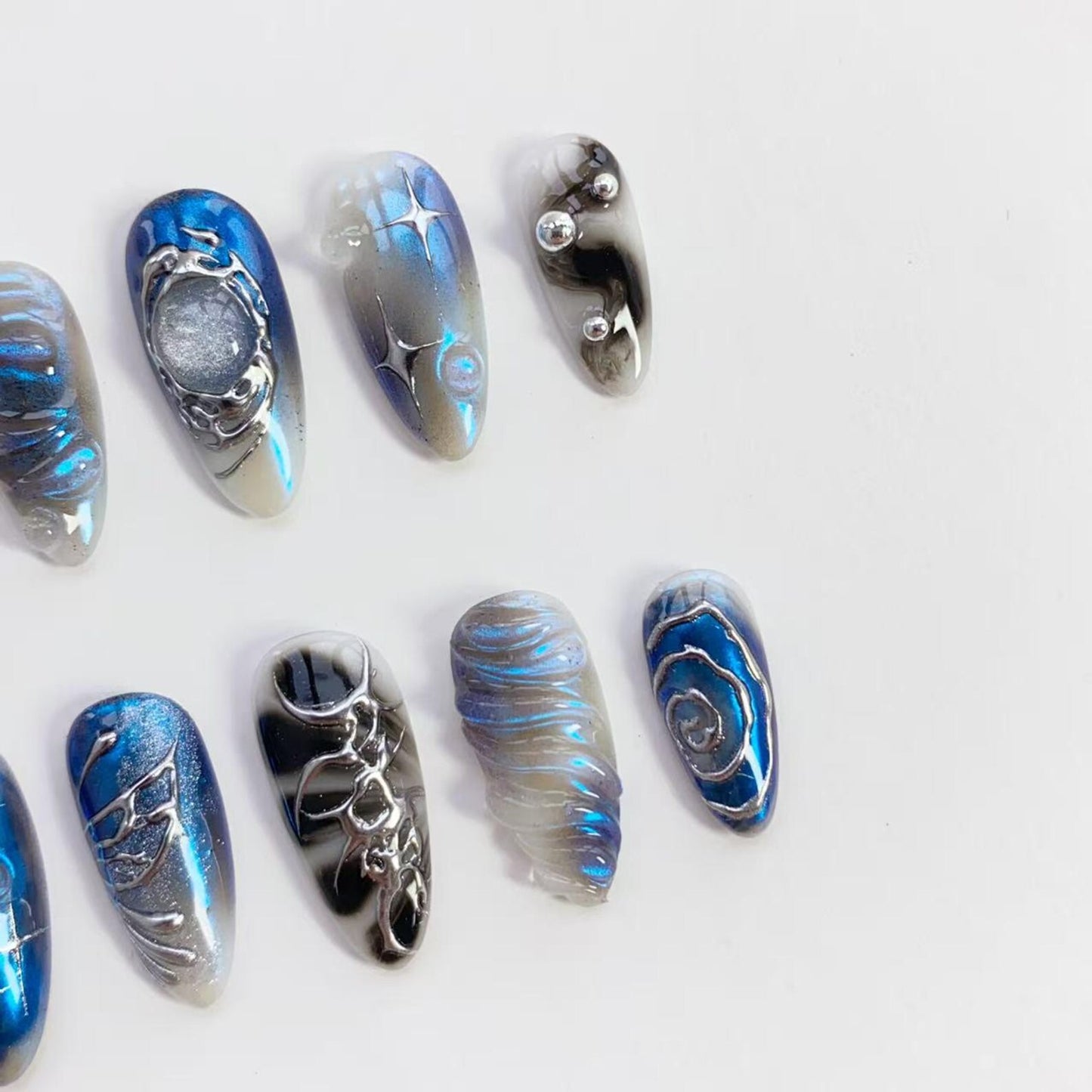 Galaxy Ocean Chrome Press-On Nails | Blue Silver Aura Nail Art Set | Futuristic Metallic Handmade Nails