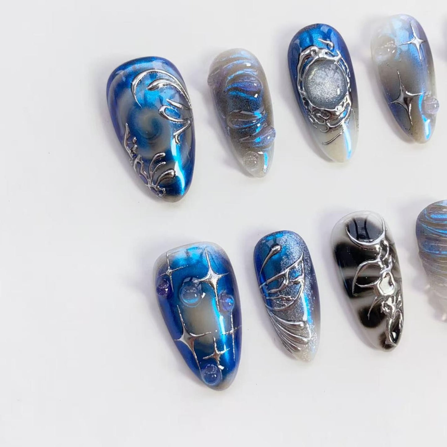 Galaxy Ocean Chrome Press-On Nails | Blue Silver Aura Nail Art Set | Futuristic Metallic Handmade Nails