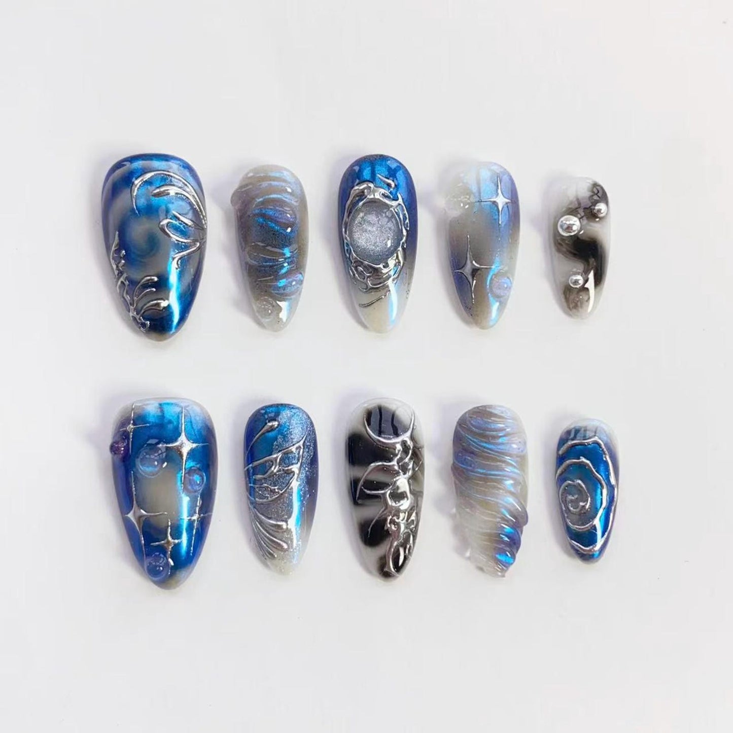 Galaxy Ocean Chrome Press-On Nails | Blue Silver Aura Nail Art Set | Futuristic Metallic Handmade Nails