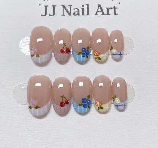 Sweet Fruit Picnic Press-On Nails – Cute Cherry & Blueberry Nail Art Set
