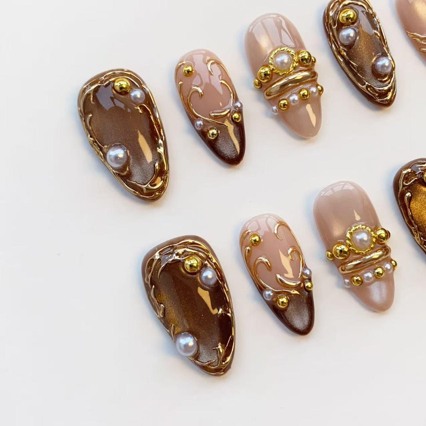 Mocha Pearl Luxe Press-On Nails – Brown Chrome & Gold Embellished Nail Art Set