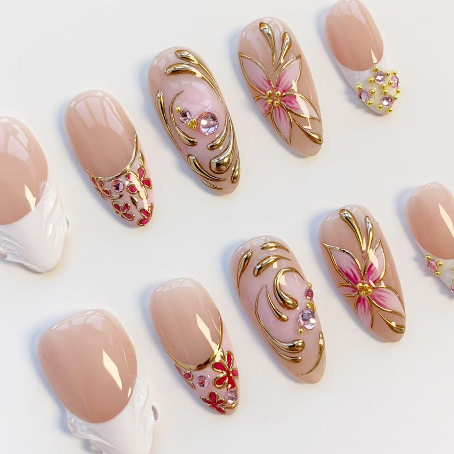 Luxury Pink Floral Press-On Nails | Gold Chrome Flower Nail Art Set | Elegant Handmade Bridal Nails