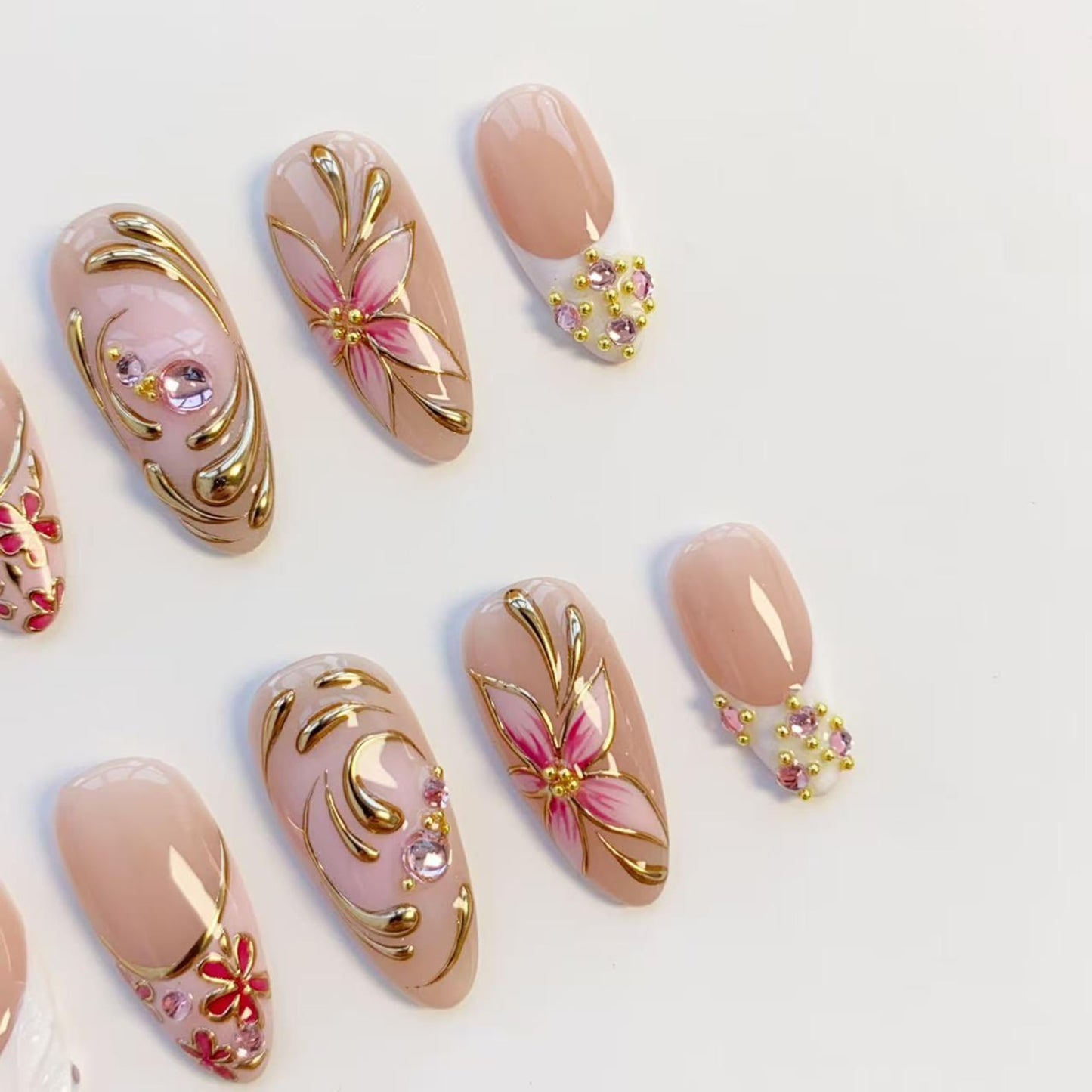 Luxury Pink Floral Press-On Nails | Gold Chrome Flower Nail Art Set | Elegant Handmade Bridal Nails