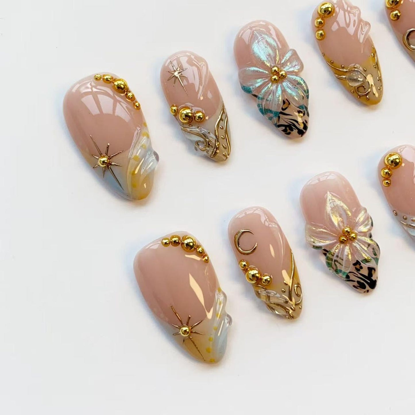 Luxury Gold Butterfly Press-On Nails – Handmade Nude Pink 3D Nail Set | Elegant Reusable False Nails