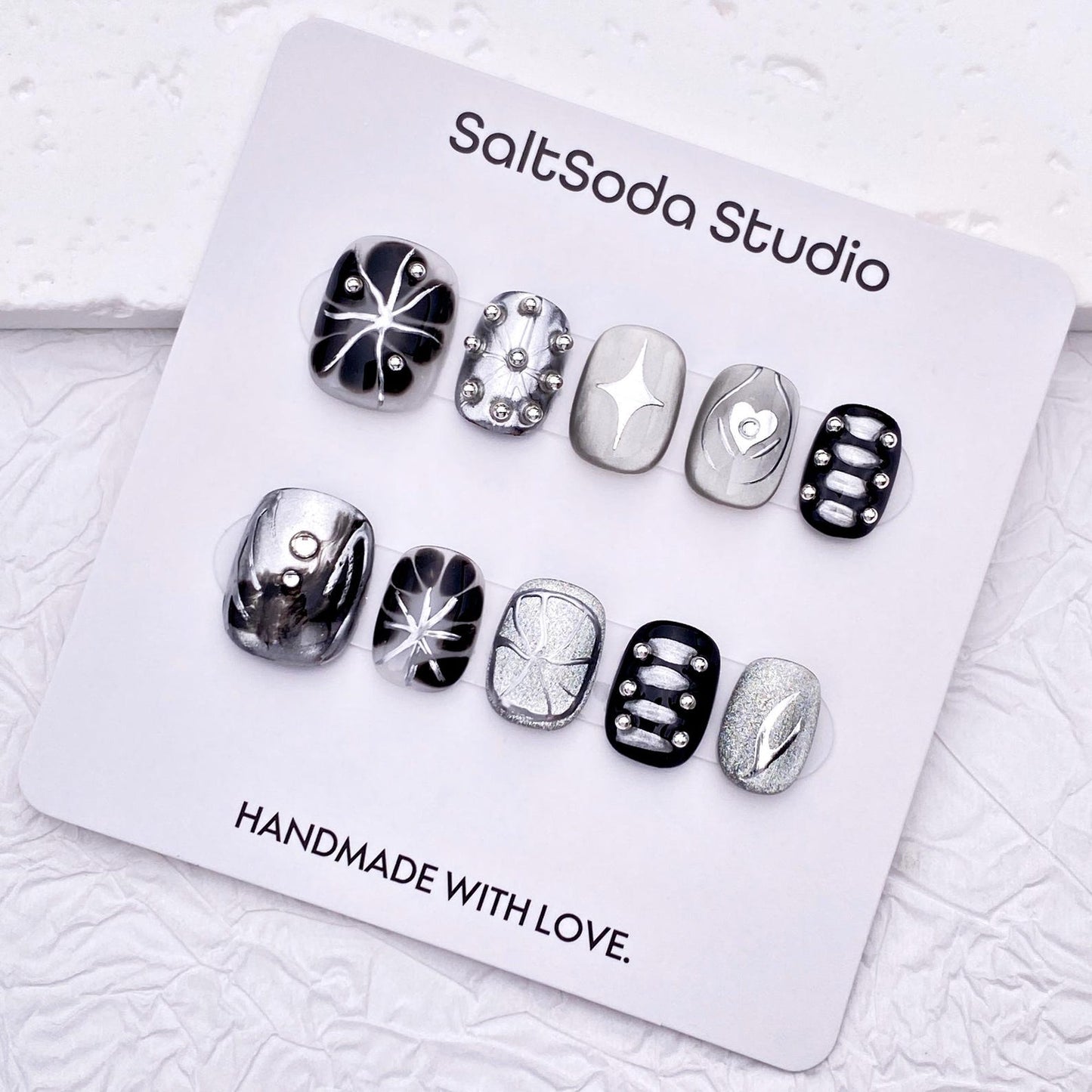 Midnight Chrome Press-On Nails – Handmade Black & Silver Abstract Metallic Nail Set