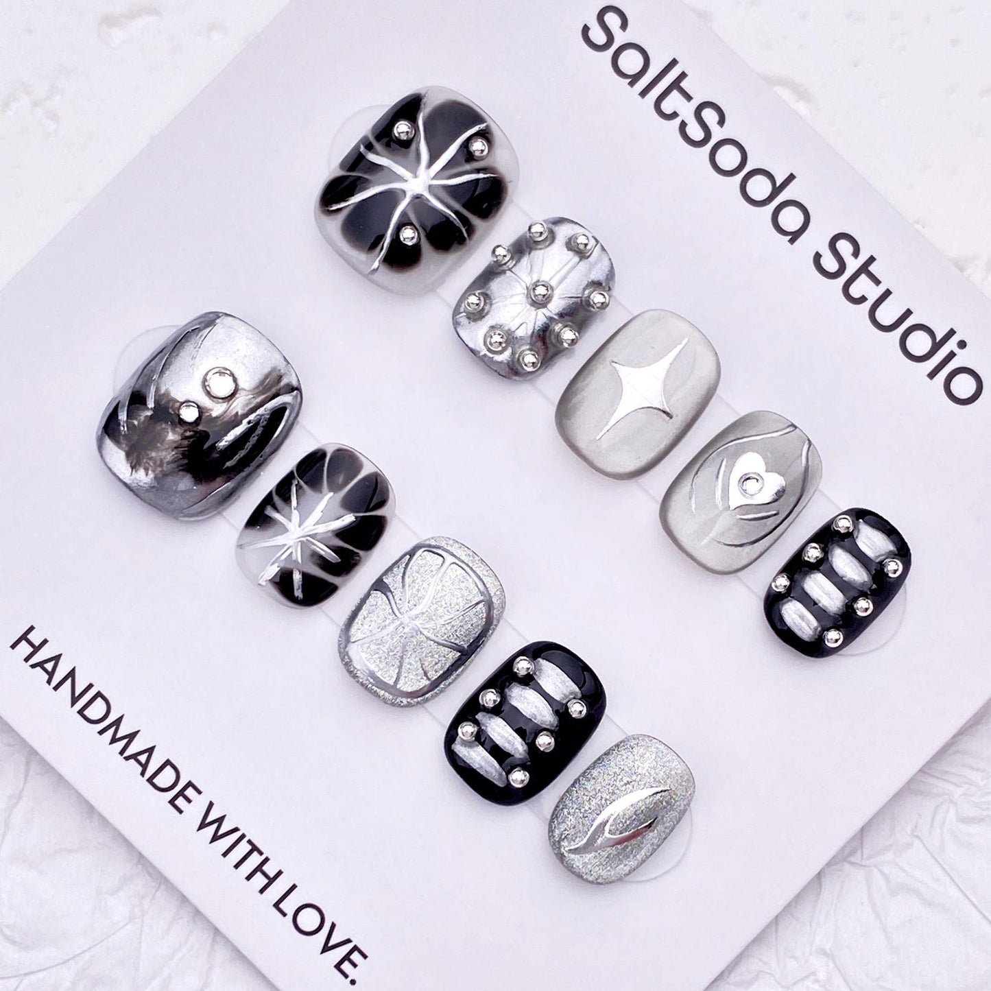 Midnight Chrome Press-On Nails – Handmade Black & Silver Abstract Metallic Nail Set