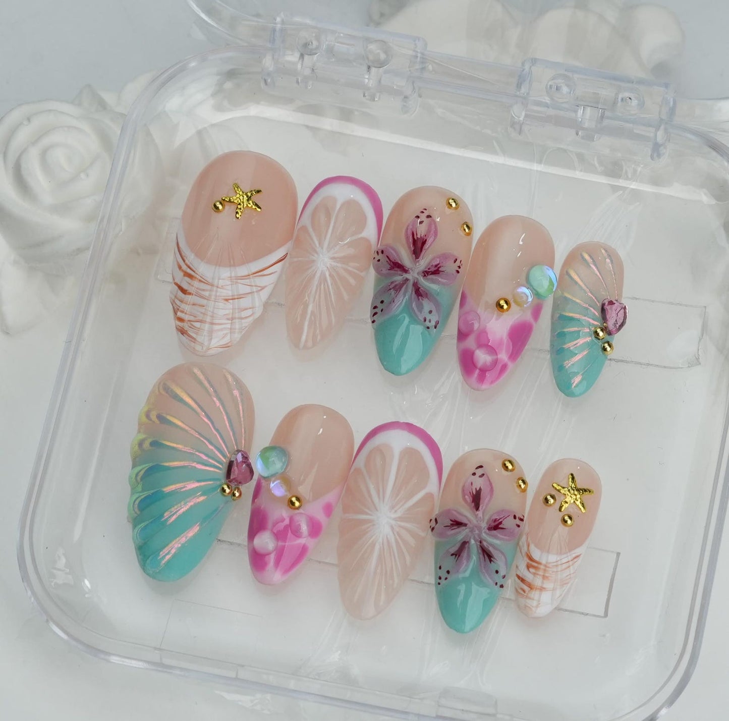 Tropical Flower Press-On Nails – Handmade Summer Beach Nail Set | Cute Pastel Reusable False Nails