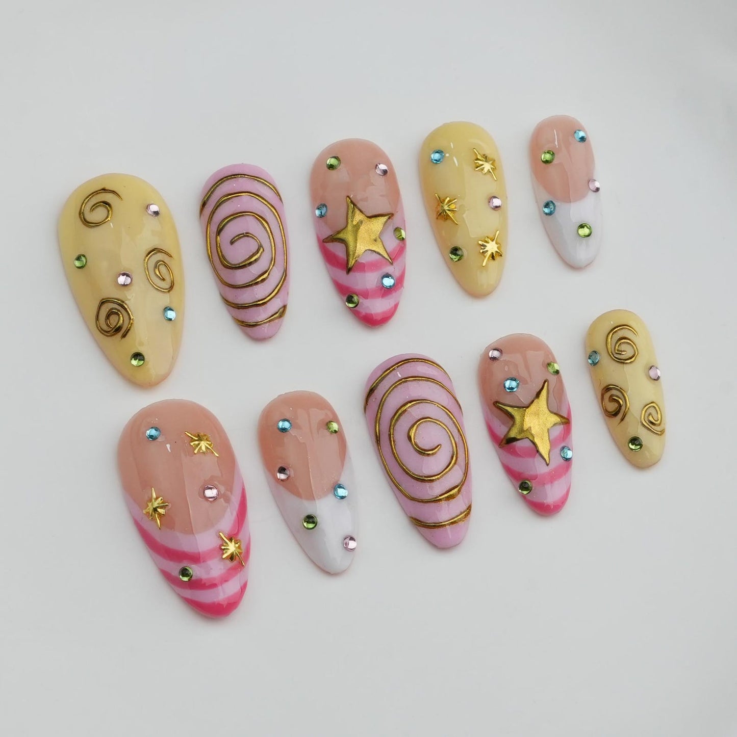 Cute Star Swirl Press-On Nails – Handmade Y2K Pink & Yellow Nail Set | Kawaii Reusable False Nails