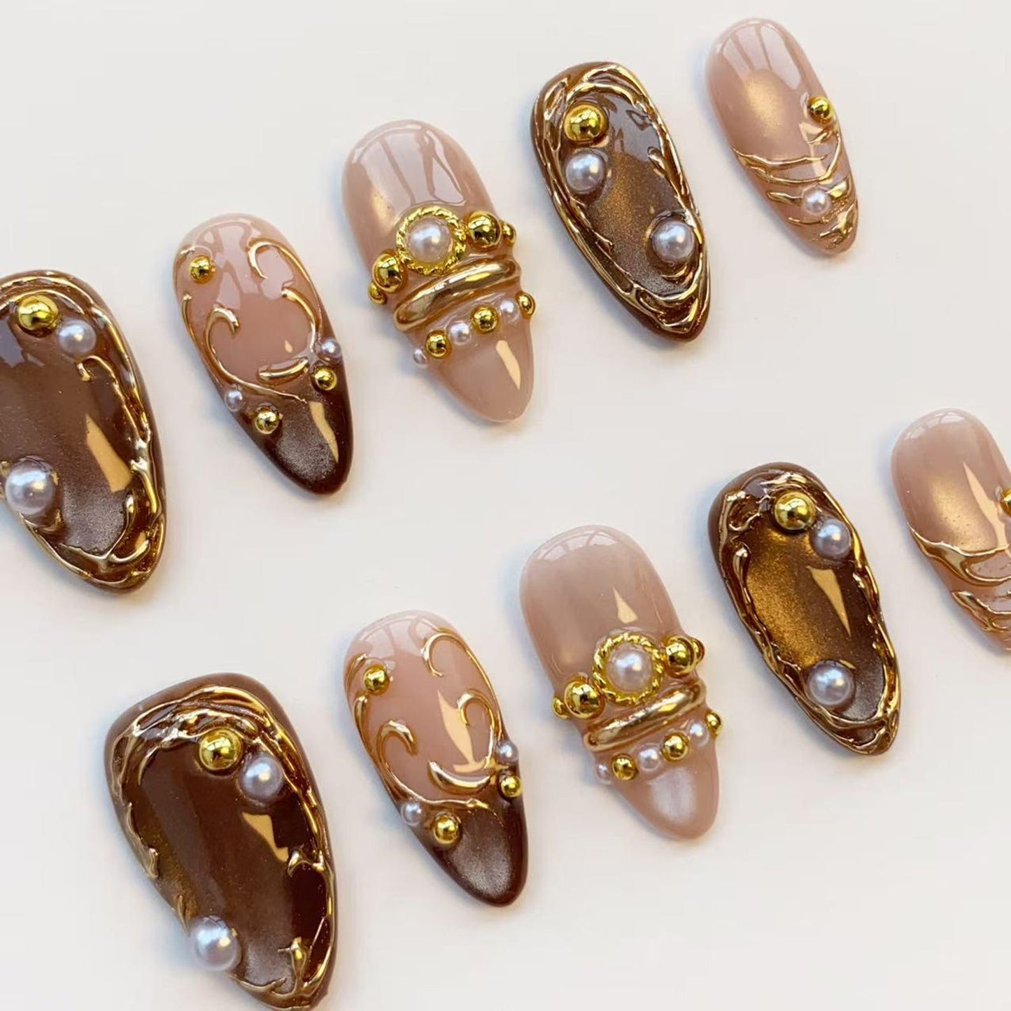 Mocha Pearl Luxe Press-On Nails – Brown Chrome & Gold Embellished Nail Art Set