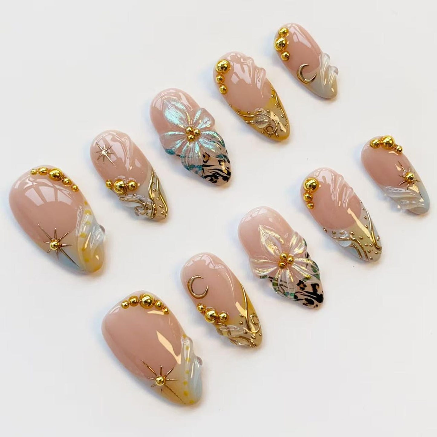 Luxury Gold Butterfly Press-On Nails – Handmade Nude Pink 3D Nail Set | Elegant Reusable False Nails