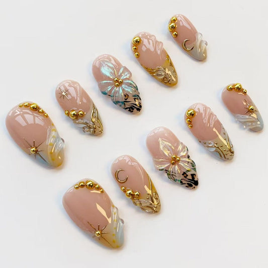Luxury Gold Butterfly Press-On Nails – Handmade Nude Pink 3D Nail Set | Elegant Reusable False Nails