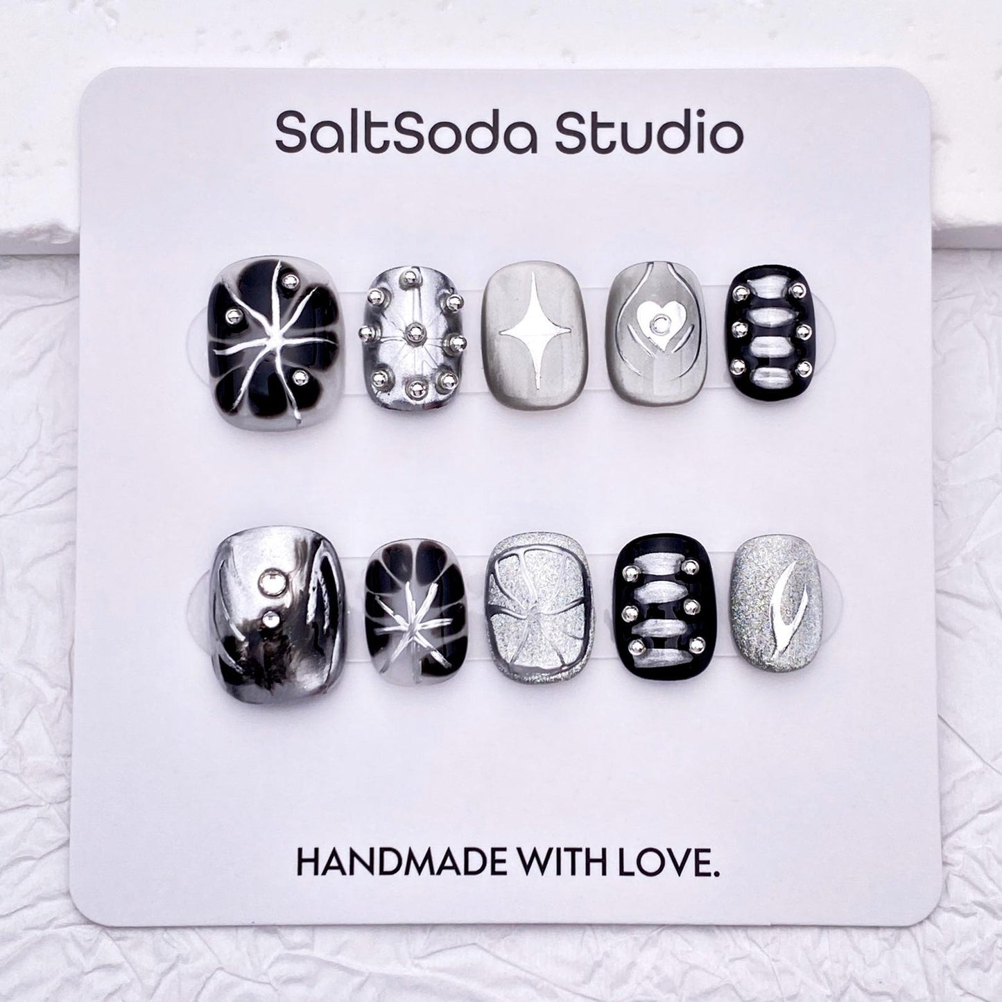 Midnight Chrome Press-On Nails – Handmade Black & Silver Abstract Metallic Nail Set