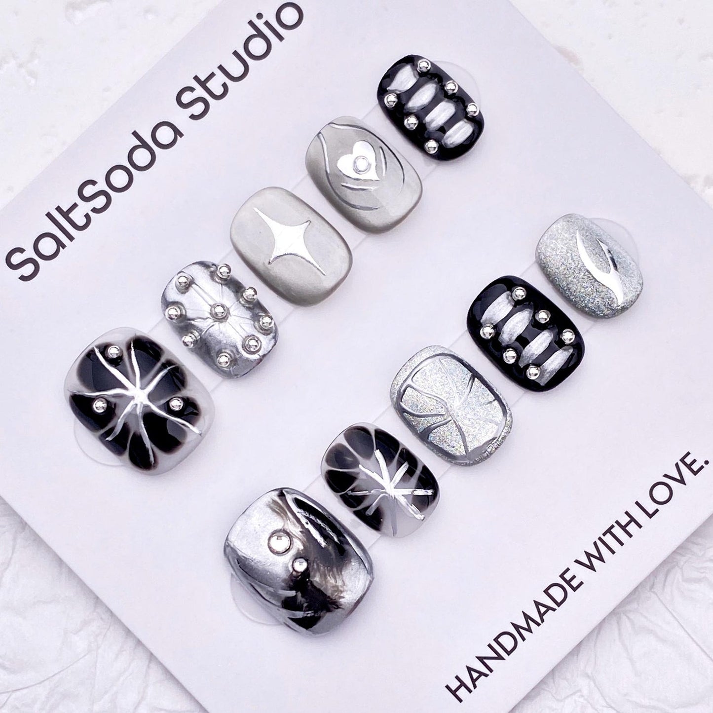 Midnight Chrome Press-On Nails – Handmade Black & Silver Abstract Metallic Nail Set