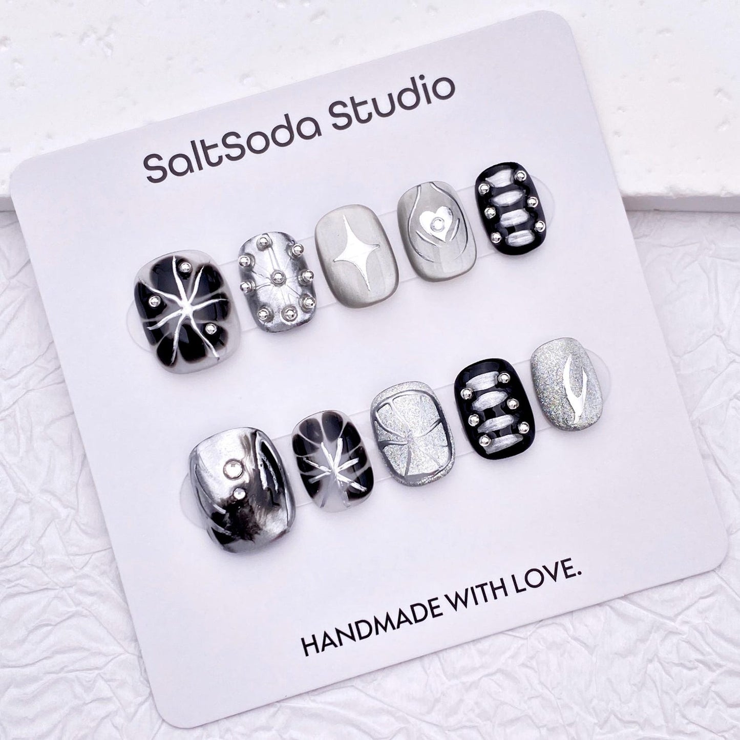 Midnight Chrome Press-On Nails – Handmade Black & Silver Abstract Metallic Nail Set