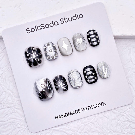 Midnight Chrome Press-On Nails – Handmade Black & Silver Abstract Metallic Nail Set