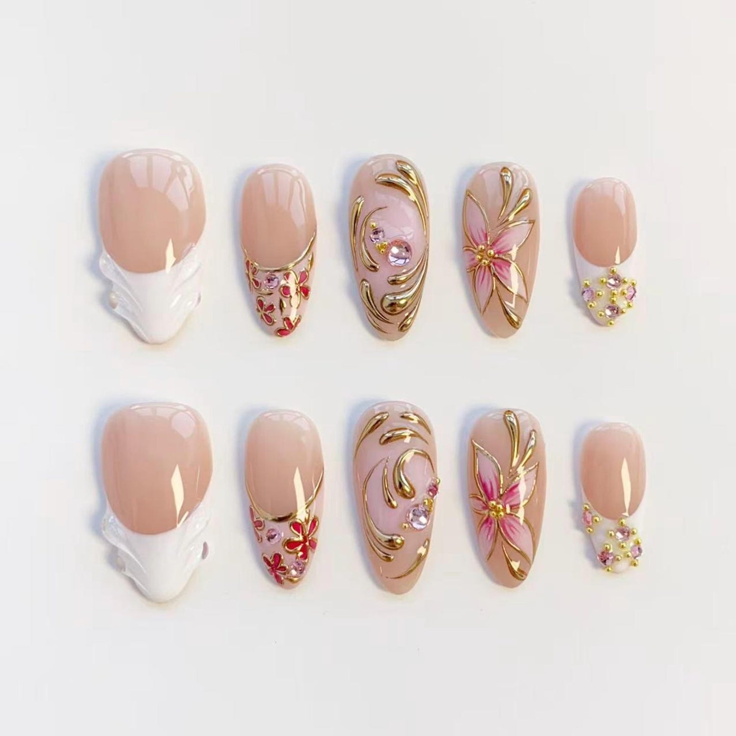 Luxury Pink Floral Press-On Nails | Gold Chrome Flower Nail Art Set | Elegant Handmade Bridal Nails