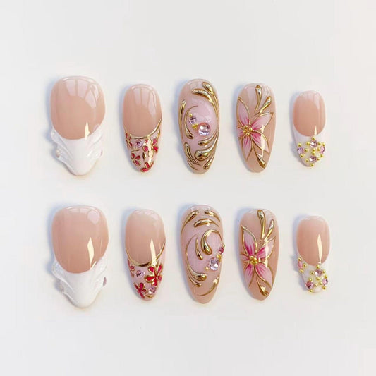 Luxury Pink Floral Press-On Nails | Gold Chrome Flower Nail Art Set | Elegant Handmade Bridal Nails