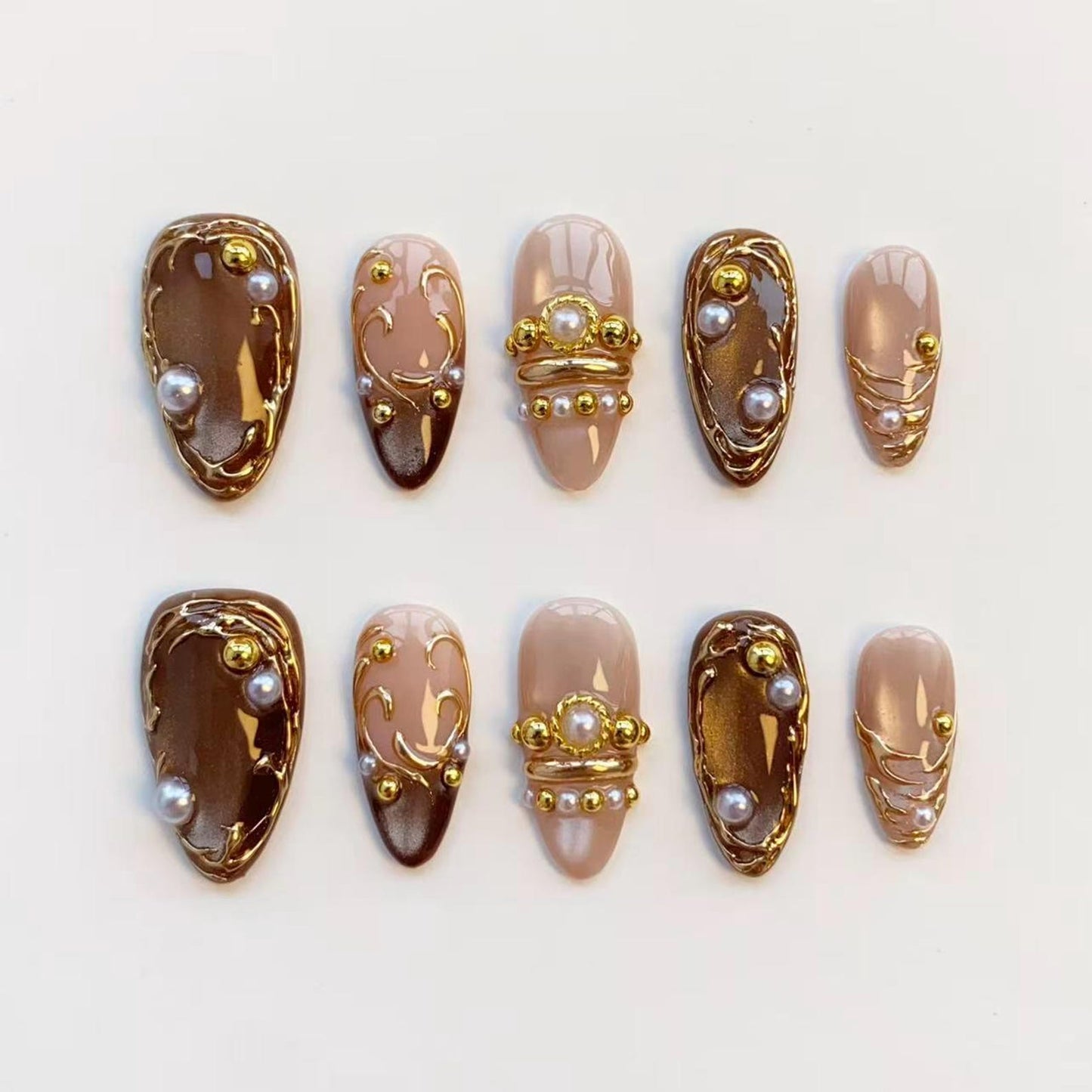 Mocha Pearl Luxe Press-On Nails – Brown Chrome & Gold Embellished Nail Art Set