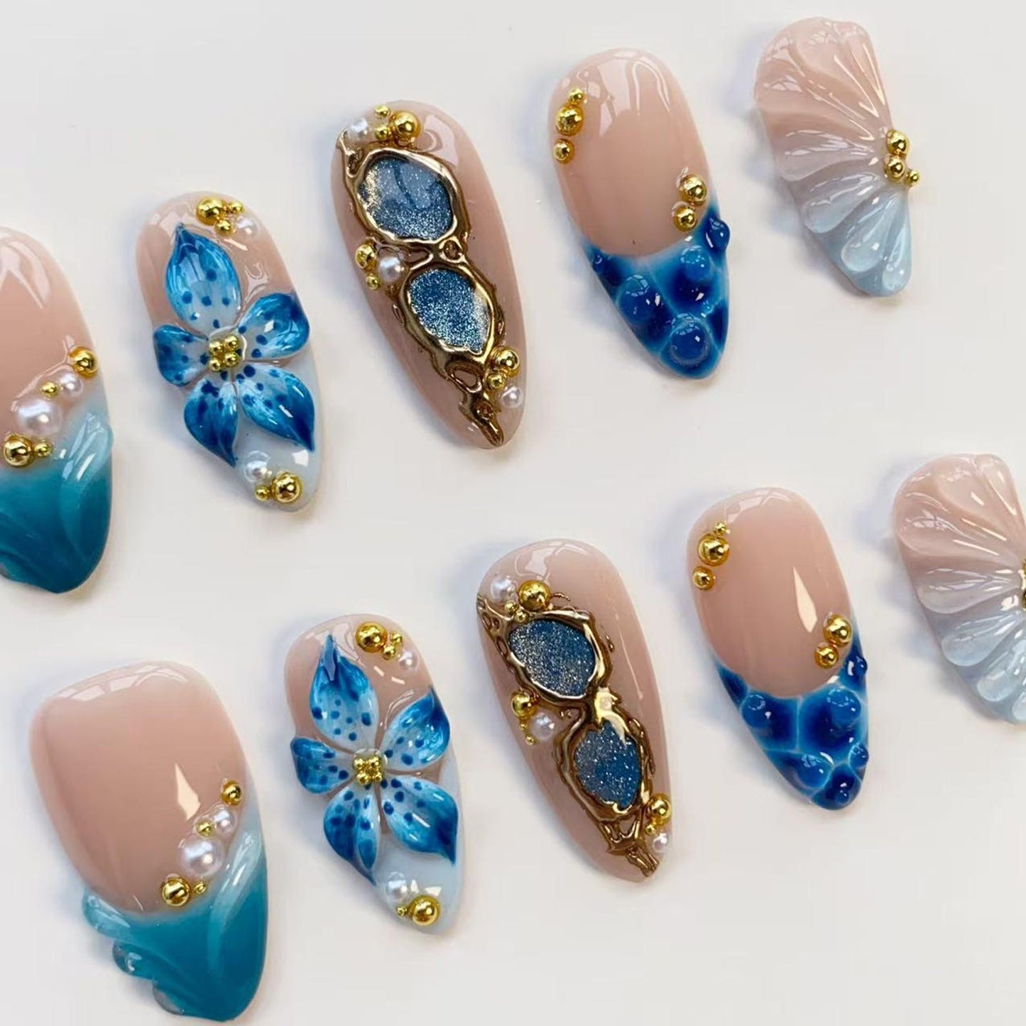 Ocean Bloom 3D Press-On Nails – Handmade Blue Floral & Seashell Luxury Nail Set