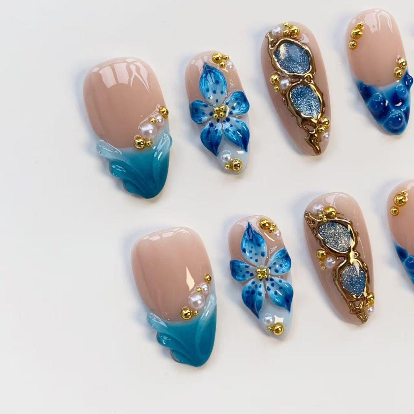 Ocean Bloom 3D Press-On Nails – Handmade Blue Floral & Seashell Luxury Nail Set
