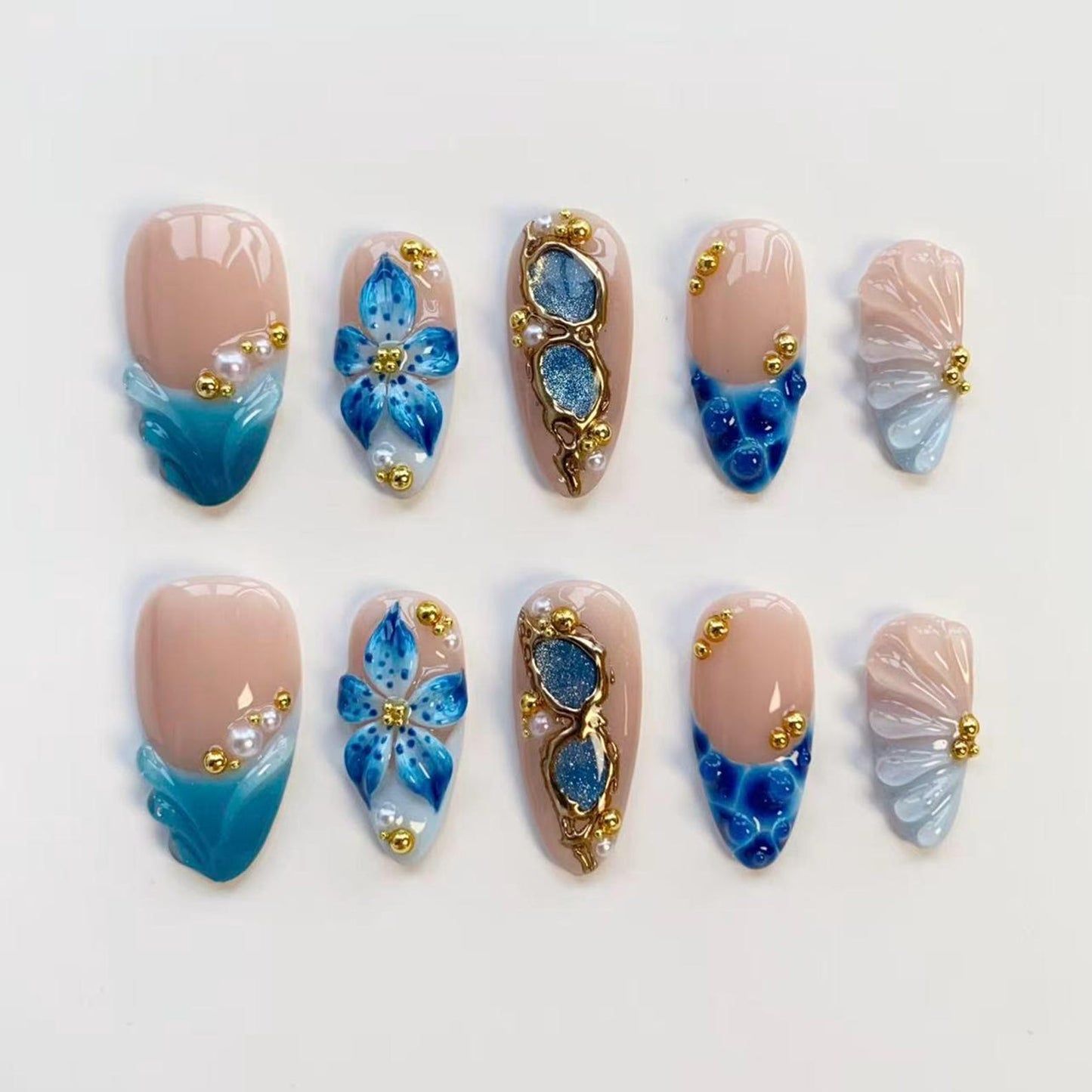 Ocean Bloom 3D Press-On Nails – Handmade Blue Floral & Seashell Luxury Nail Set