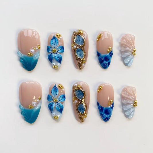 Ocean Bloom 3D Press-On Nails – Handmade Blue Floral & Seashell Luxury Nail Set