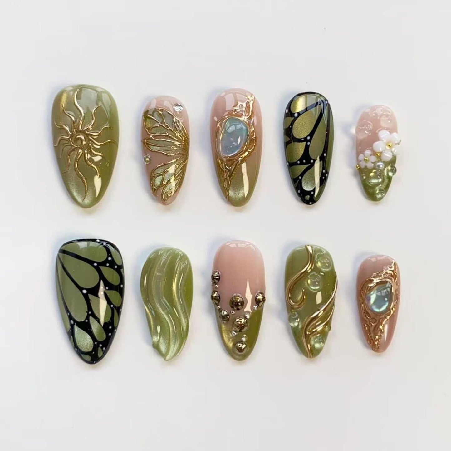 Luxury Olive Green & Gold Press-On Nails – Handmade 3D Butterfly, Floral & Gemstone Nail Set
