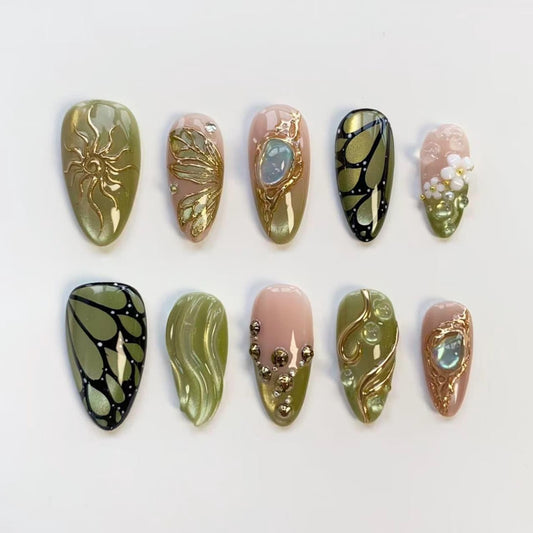 Luxury Olive Green & Gold Press-On Nails – Handmade 3D Butterfly, Floral & Gemstone Nail Set