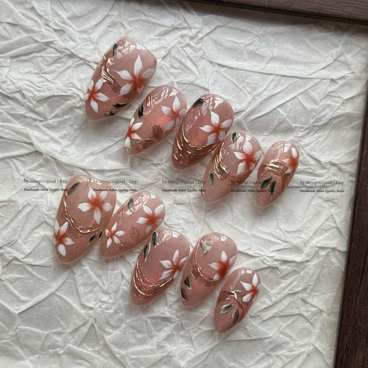 Blush Sakura Bloom Press-On Nails – Hand-Painted Floral Rose Gold Nail Art Set